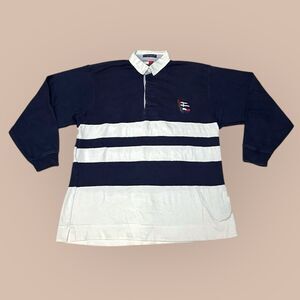 VTG Tommy Hilfiger Men’s Navy Striped Rugby Polo Size Small Embroidered